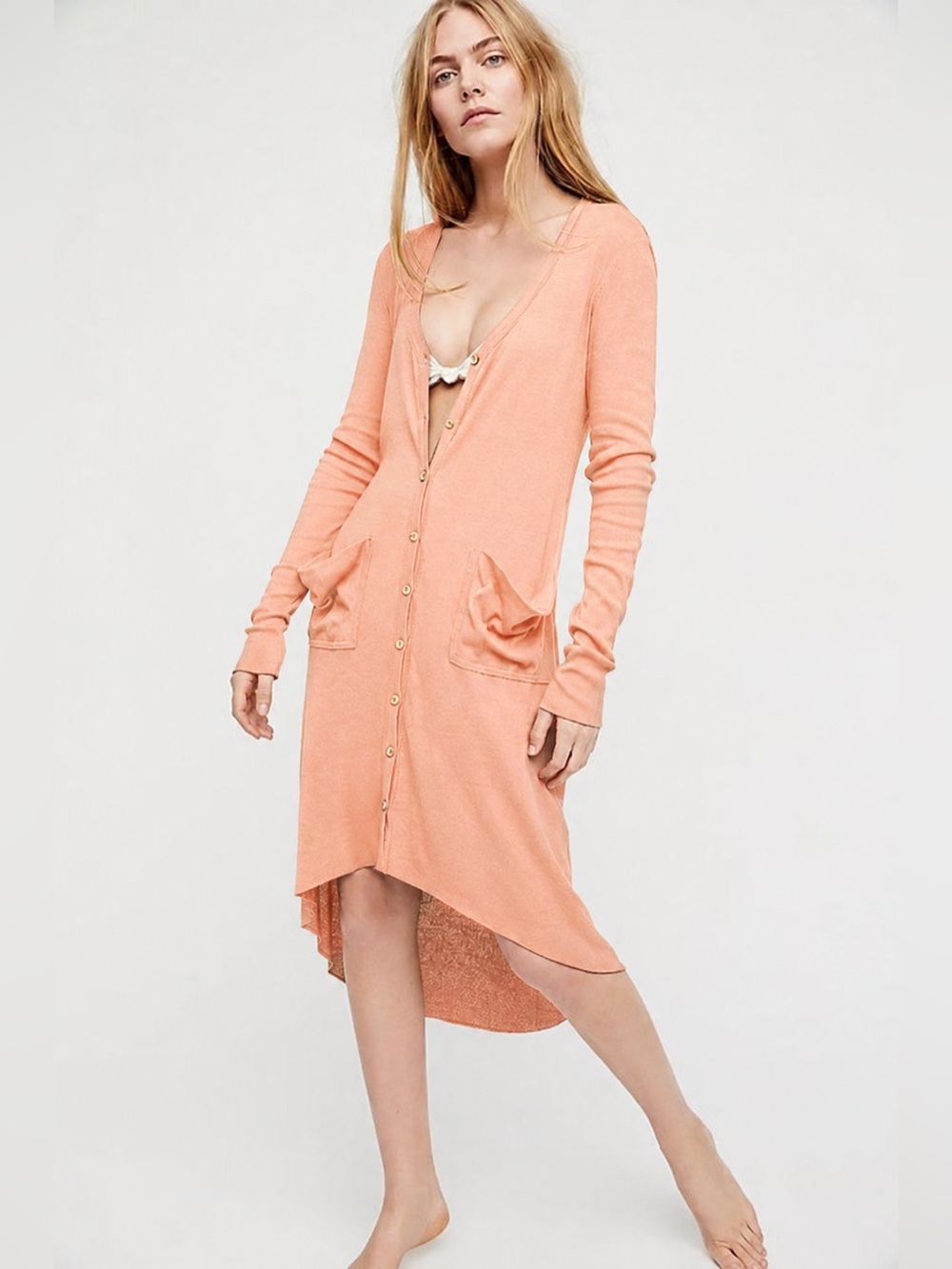 NWT! Free People Beach Ribbed Up Maxi Cardigan Faded Peach Medium Orange Duster